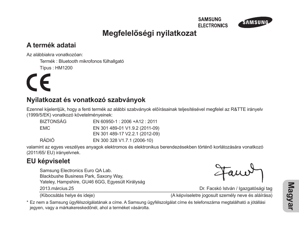 Magyar, Megfelelőségi nyilatkozat, A termék adatai | Nyilatkozat és vonatkozó szabványok, Eu képviselet | Samsung HM1200 User Manual | Page 153 / 154