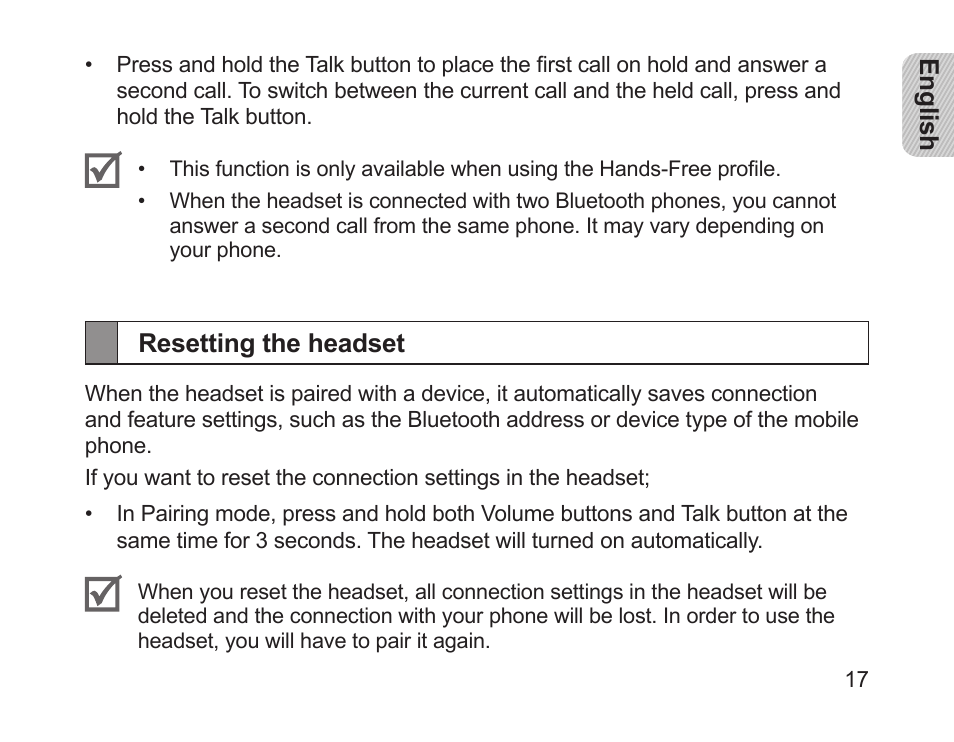 Resetting the headset | Samsung HM1200 User Manual | Page 19 / 154