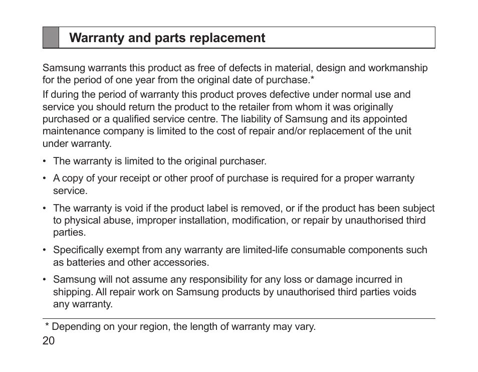 Warranty and parts replacement | Samsung HM1200 User Manual | Page 22 / 154