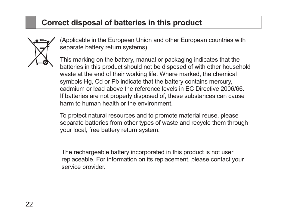 Correct disposal of batteries in this product | Samsung HM1200 User Manual | Page 24 / 154