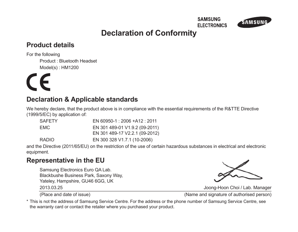 Declaration of conformity, Product details, Declaration & applicable standards | Representative in the eu | Samsung HM1200 User Manual | Page 26 / 154