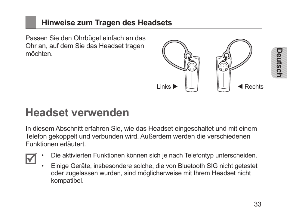 Hinweise zum tragen des headsets, Headset verwenden | Samsung HM1200 User Manual | Page 35 / 154