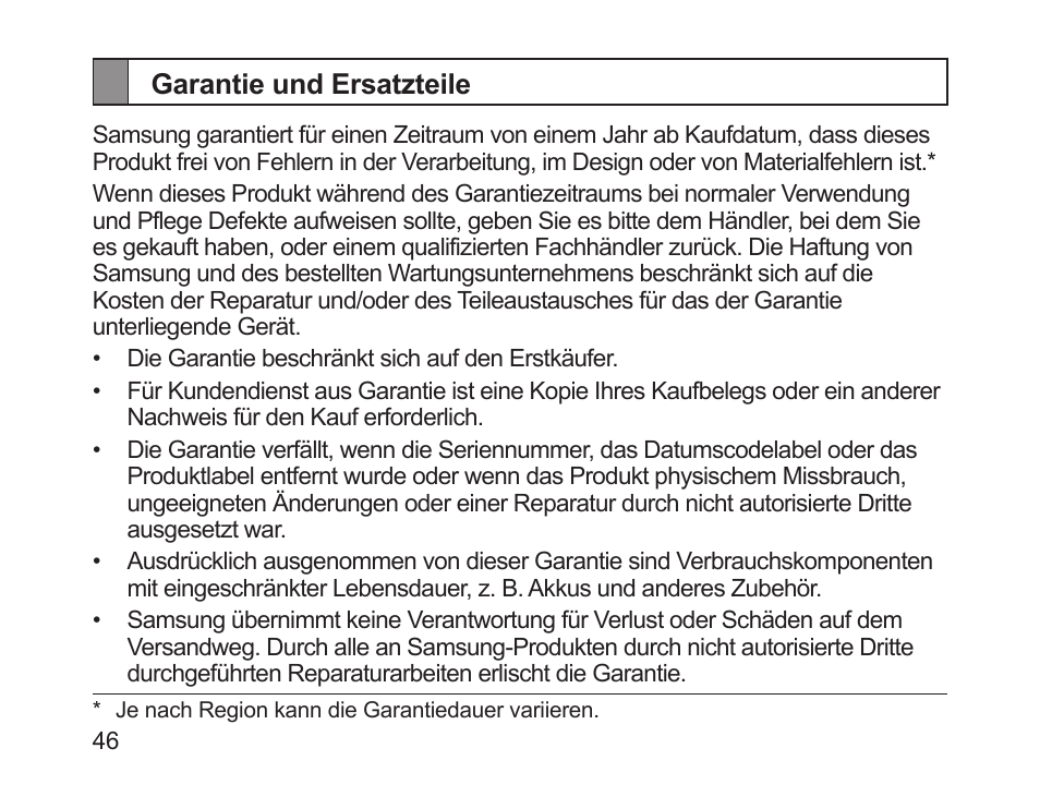 Garantie und ersatzteile | Samsung HM1200 User Manual | Page 48 / 154