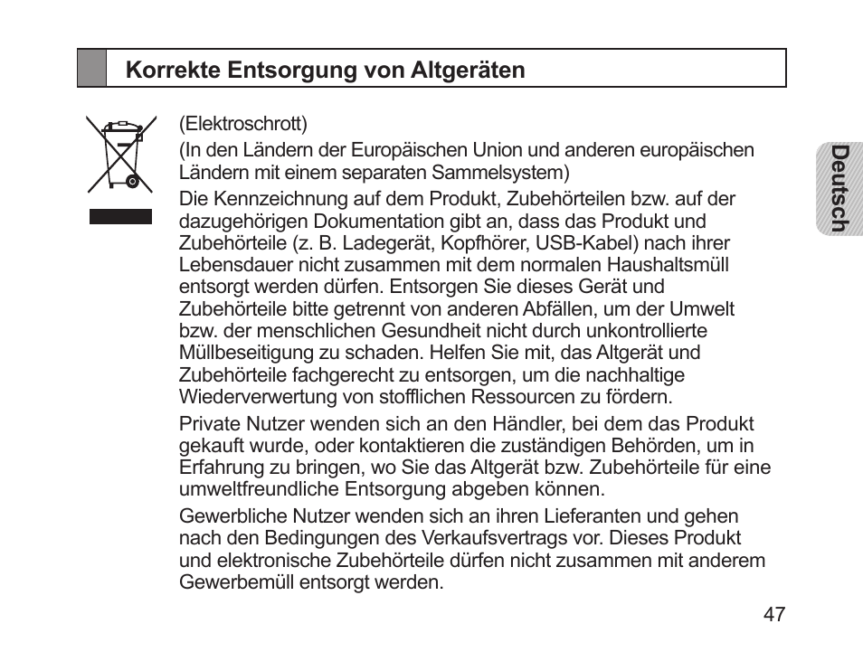 Korrekte entsorgung von altgeräten | Samsung HM1200 User Manual | Page 49 / 154