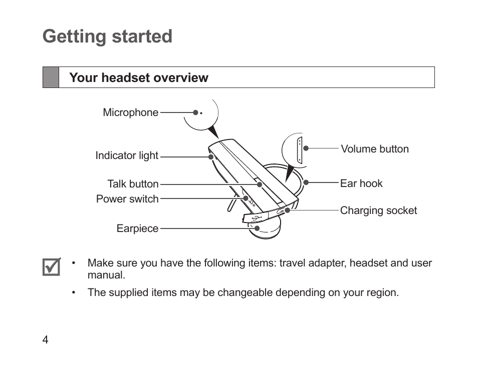Getting started, Your headset overview | Samsung HM1200 User Manual | Page 6 / 154