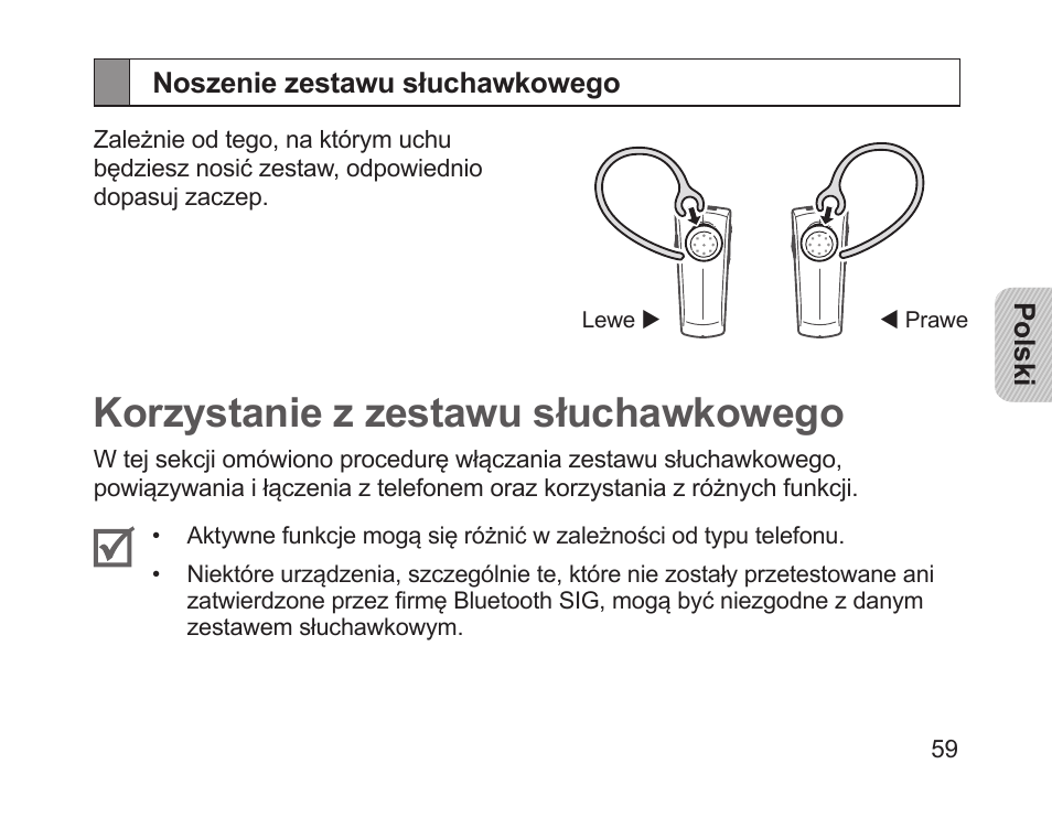 Noszenie zestawu słuchawkowego, Korzystanie z zestawu słuchawkowego | Samsung HM1200 User Manual | Page 61 / 154