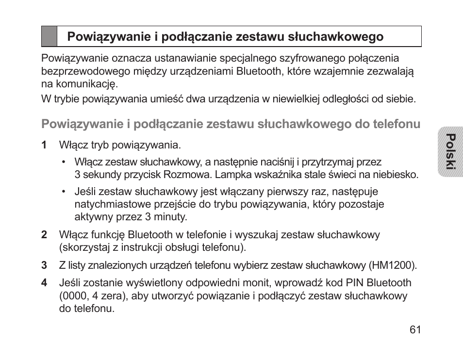Powiązywanie i podłączanie zestawu słuchawkowego | Samsung HM1200 User Manual | Page 63 / 154