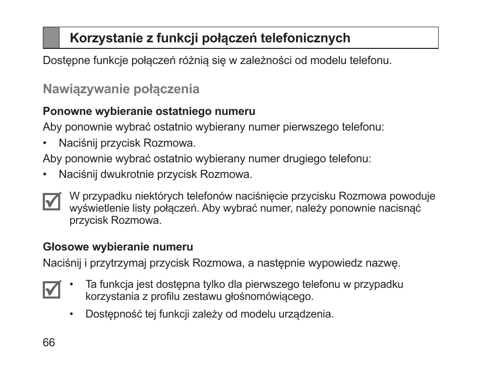 Korzystanie z funkcji połączeń telefonicznych | Samsung HM1200 User Manual | Page 68 / 154