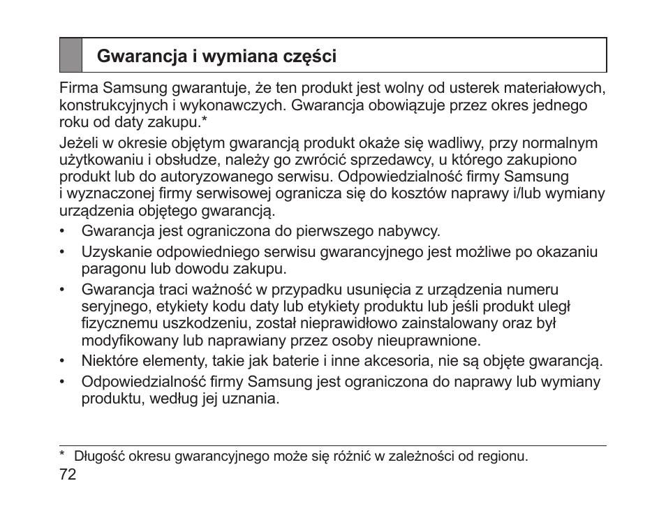 Gwarancja i wymiana części | Samsung HM1200 User Manual | Page 74 / 154