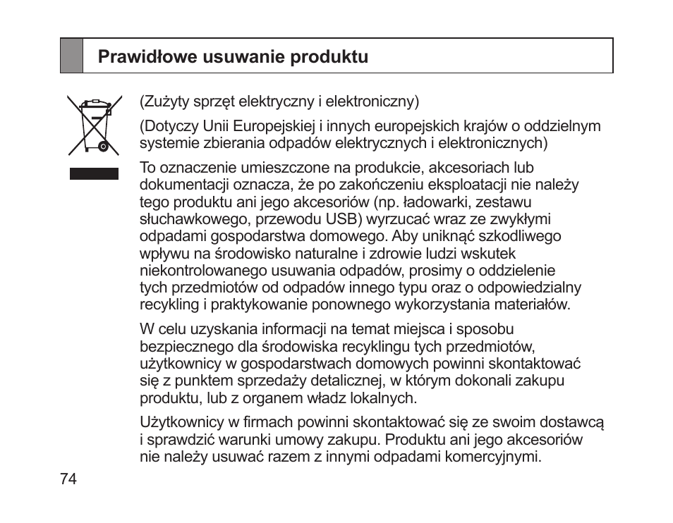 Prawidłowe usuwanie produktu | Samsung HM1200 User Manual | Page 76 / 154