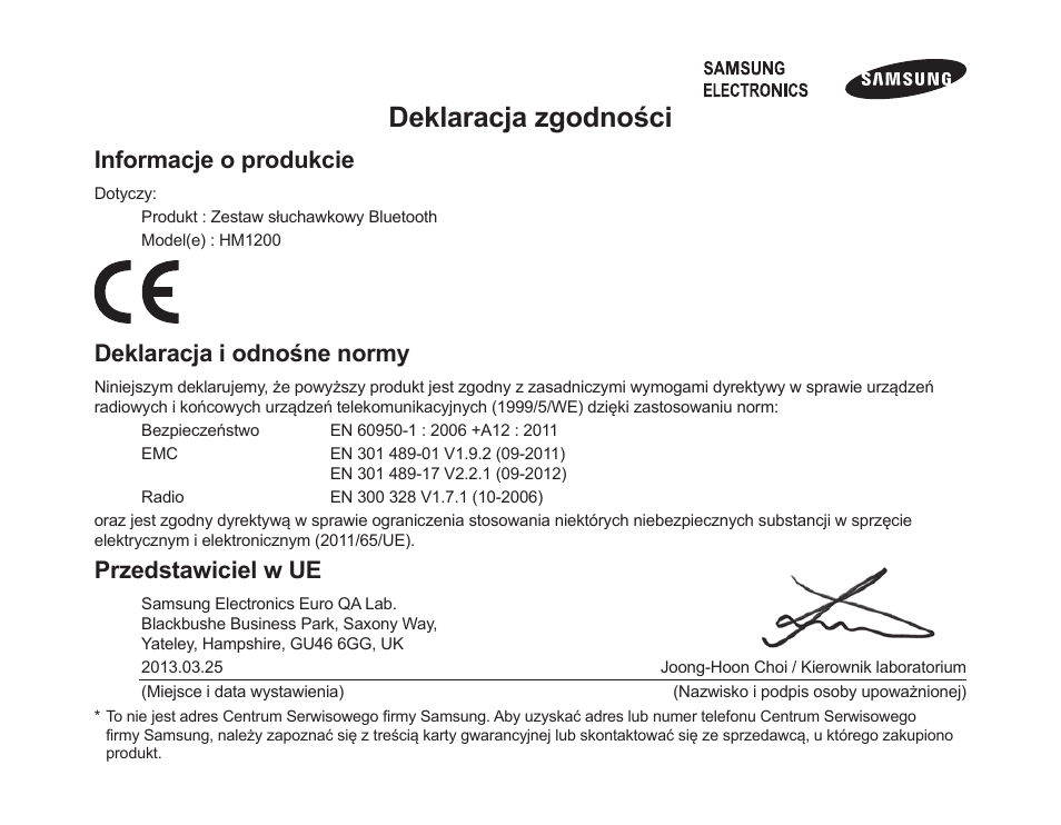 Deklaracja zgodności, Informacje o produkcie, Deklaracja i odnośne normy | Przedstawiciel w ue | Samsung HM1200 User Manual | Page 79 / 154