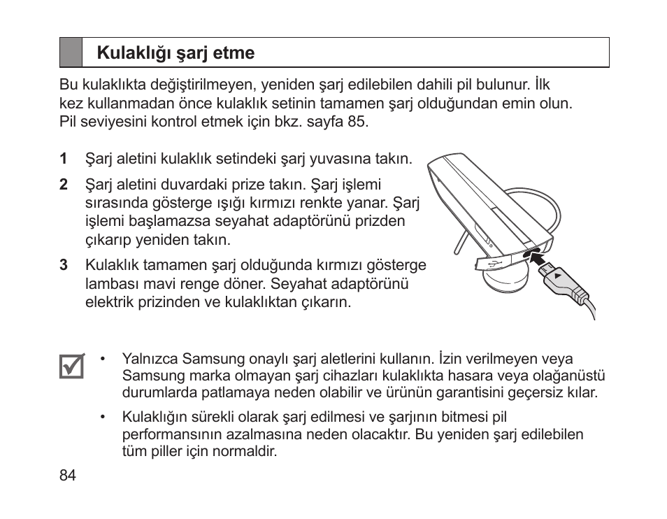 Kulaklığı şarj etme | Samsung HM1200 User Manual | Page 86 / 154