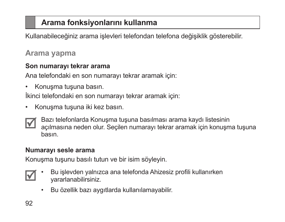 Arama fonksiyonlarını kullanma | Samsung HM1200 User Manual | Page 94 / 154