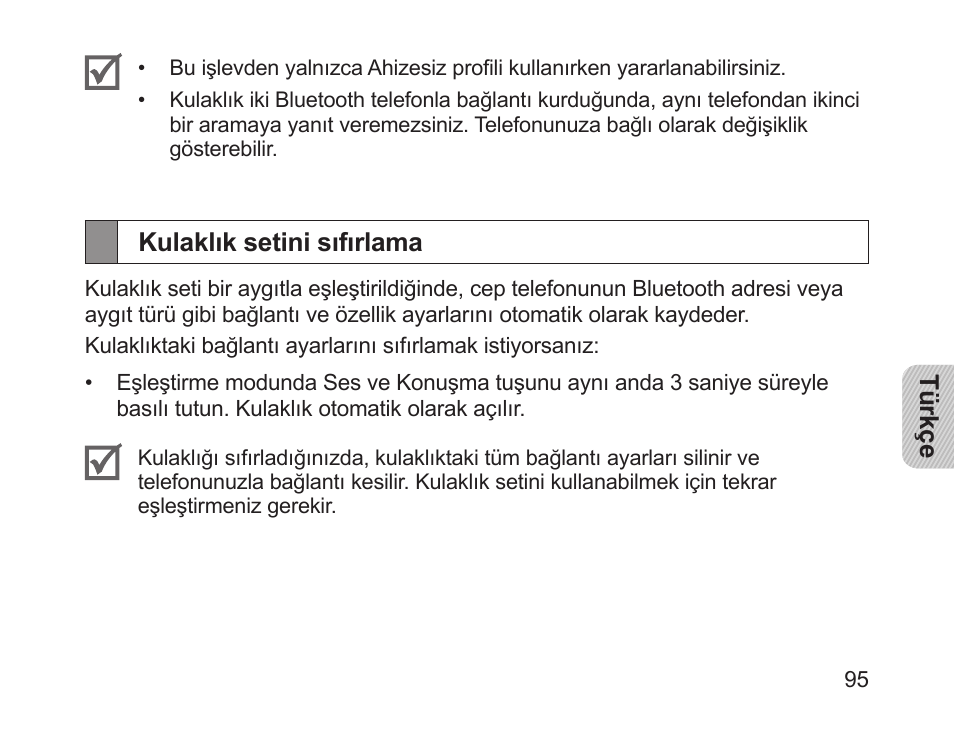 Kulaklık setini sıfırlama | Samsung HM1200 User Manual | Page 97 / 154