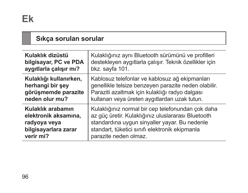 Sıkça sorulan sorular | Samsung HM1200 User Manual | Page 98 / 154