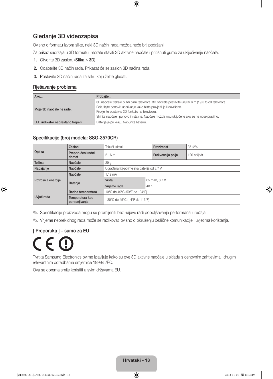 Gledanje 3d videozapisa, Rješavanje problema, Specifikacije (broj modela: ssg-3570cr) | Preporuka ] – samo za eu | Samsung UE46F8500SL User Manual | Page 138 / 385