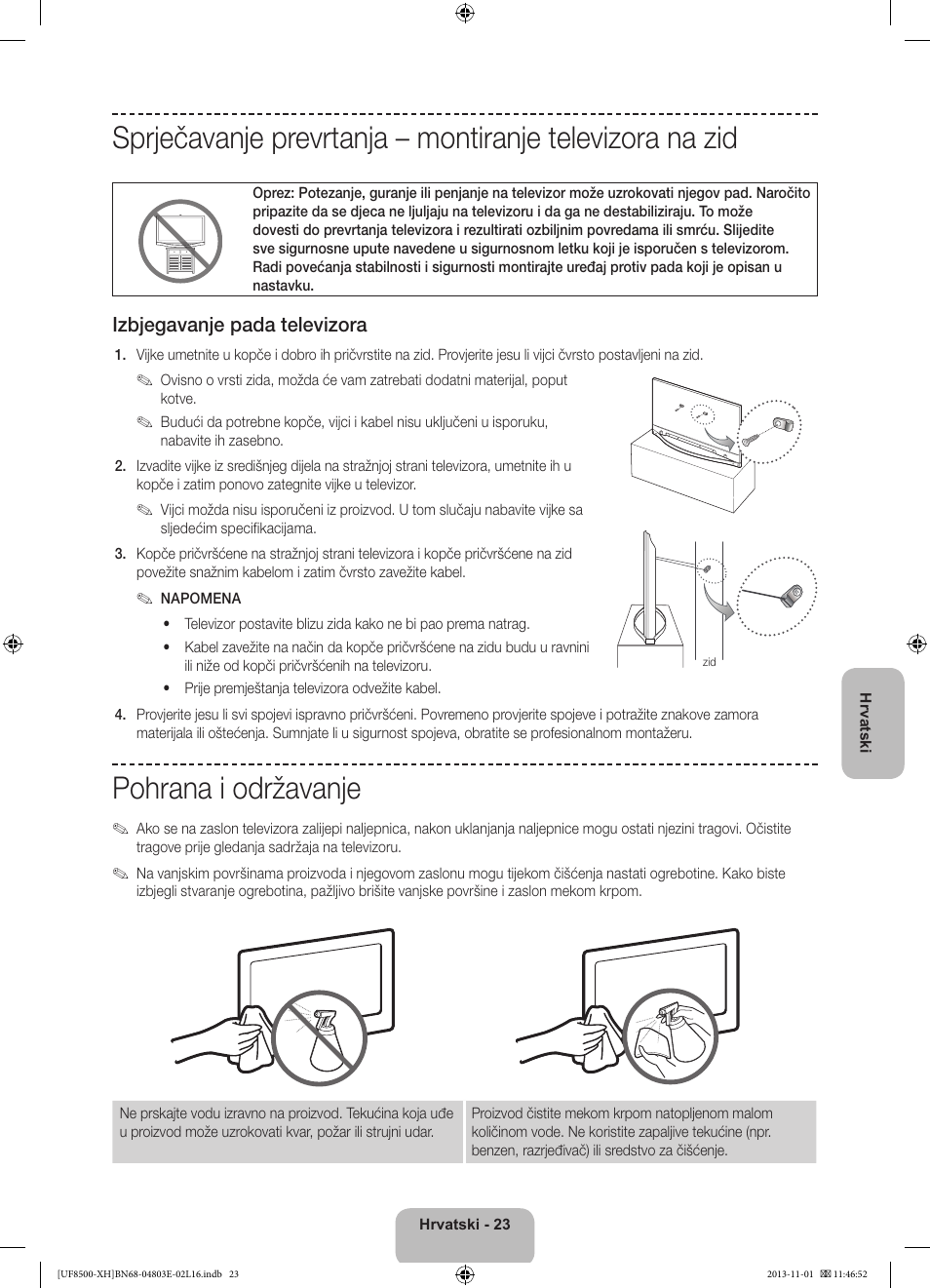 Pohrana i održavanje, Izbjegavanje pada televizora | Samsung UE46F8500SL User Manual | Page 143 / 385