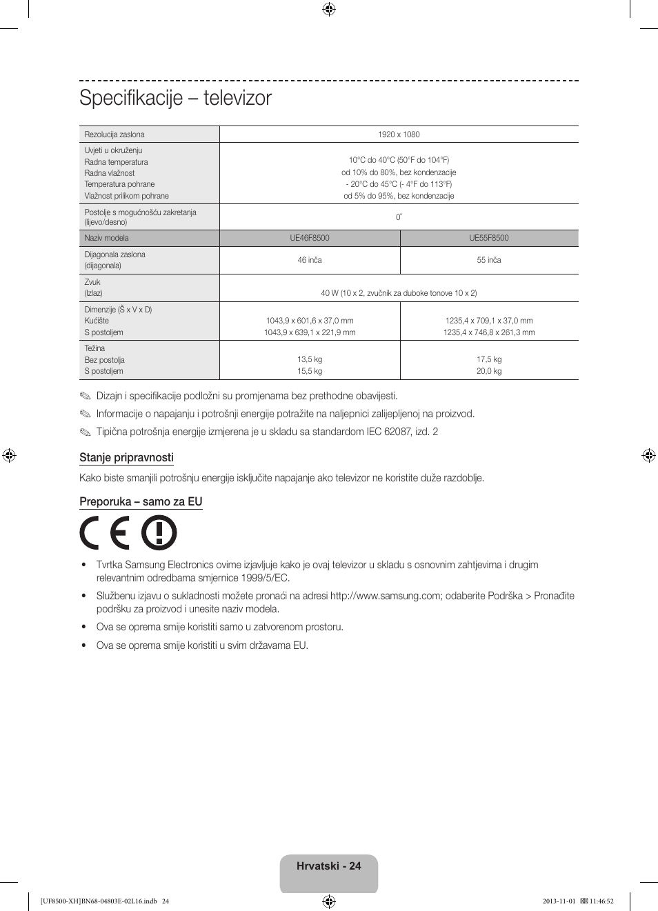 Specifikacije – televizor | Samsung UE46F8500SL User Manual | Page 144 / 385