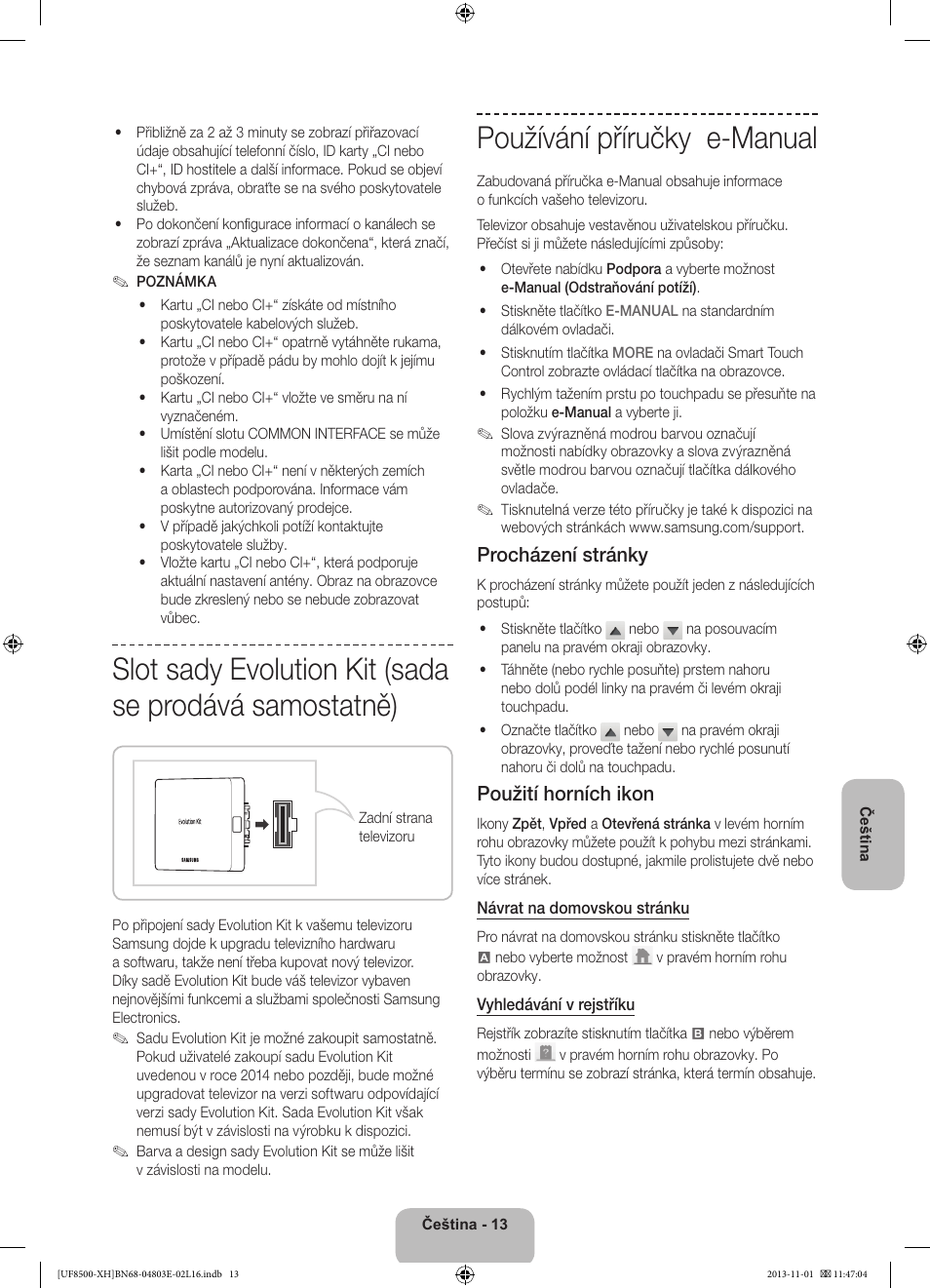 Používání příručky e-manual, Procházení stránky, Použití horních ikon | Samsung UE46F8500SL User Manual | Page 157 / 385