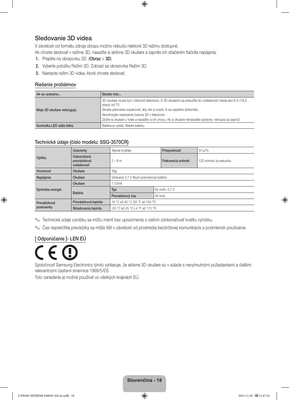 Sledovanie 3d videa, Riešenie problémov, Technické údaje (číslo modelu: ssg-3570cr) | Odporúčanie ]- len eú | Samsung UE46F8500SL User Manual | Page 186 / 385