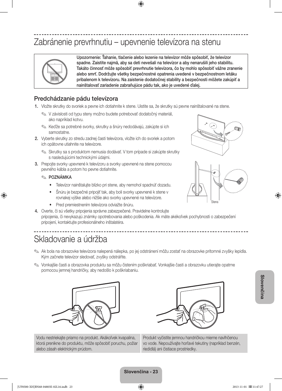 Skladovanie a údržba, Predchádzanie pádu televízora | Samsung UE46F8500SL User Manual | Page 191 / 385