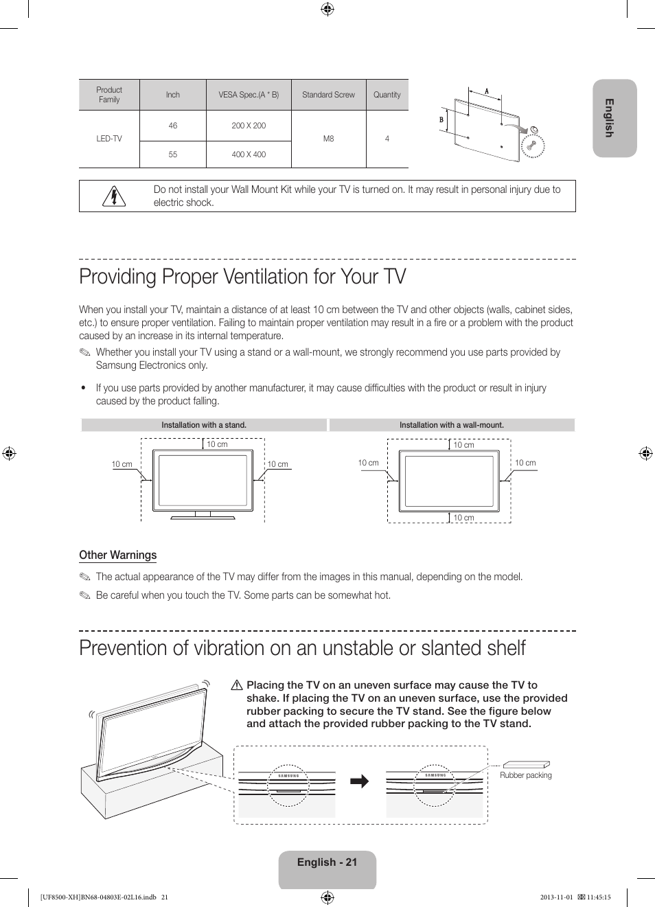 Providing proper ventilation for your tv | Samsung UE46F8500SL User Manual | Page 21 / 385