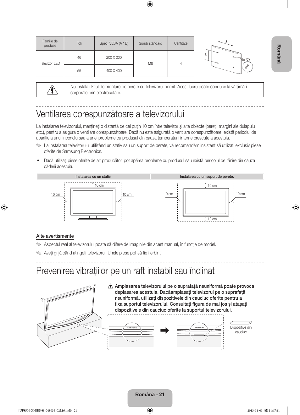 Ventilarea corespunzătoare a televizorului | Samsung UE46F8500SL User Manual | Page 213 / 385