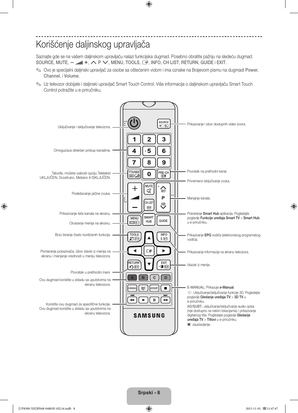 Korišćenje daljinskog upravljača | Samsung UE46F8500SL User Manual | Page 224 / 385