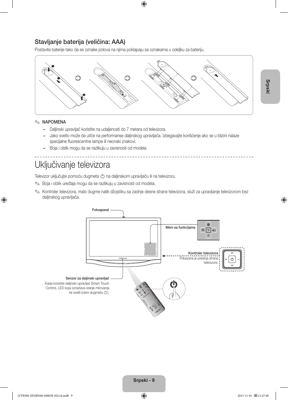 Uključivanje televizora, Stavljanje baterija (veličina: aaa) | Samsung UE46F8500SL User Manual | Page 225 / 385