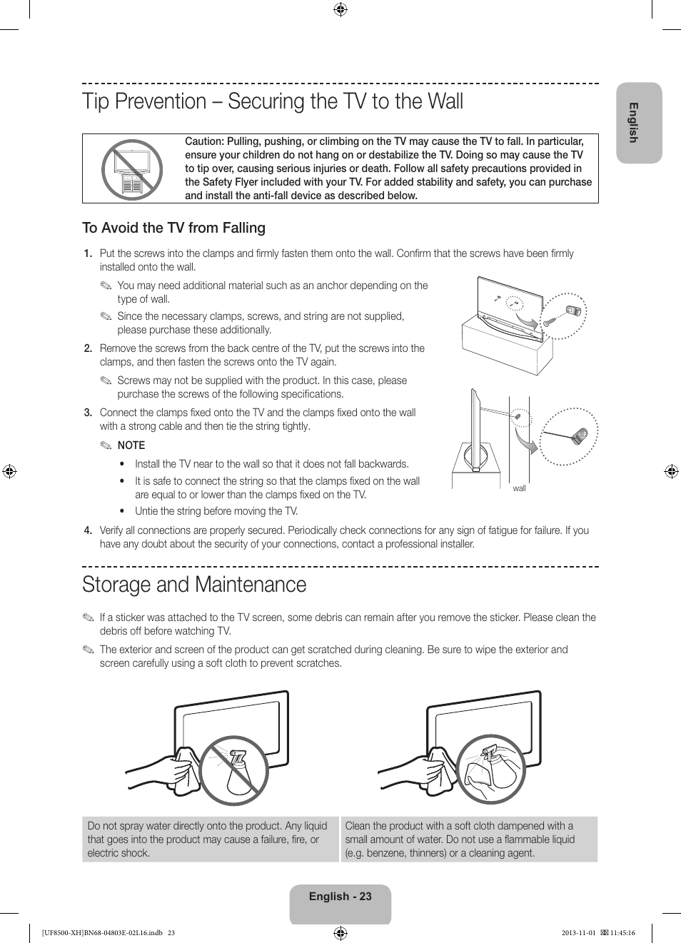 Tip prevention – securing the tv to the wall, Storage and maintenance | Samsung UE46F8500SL User Manual | Page 23 / 385