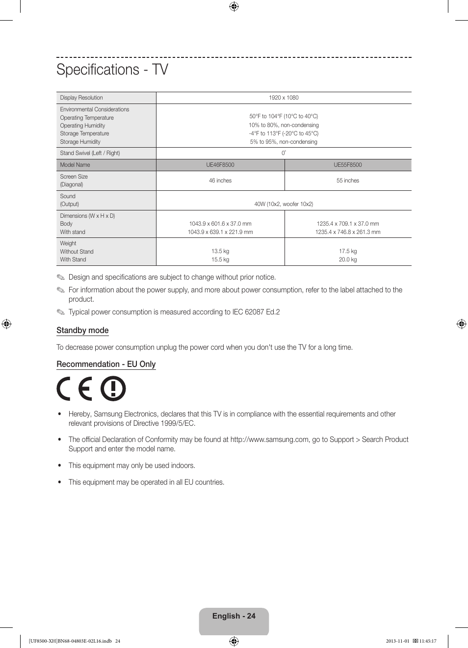 Specifications - tv | Samsung UE46F8500SL User Manual | Page 24 / 385
