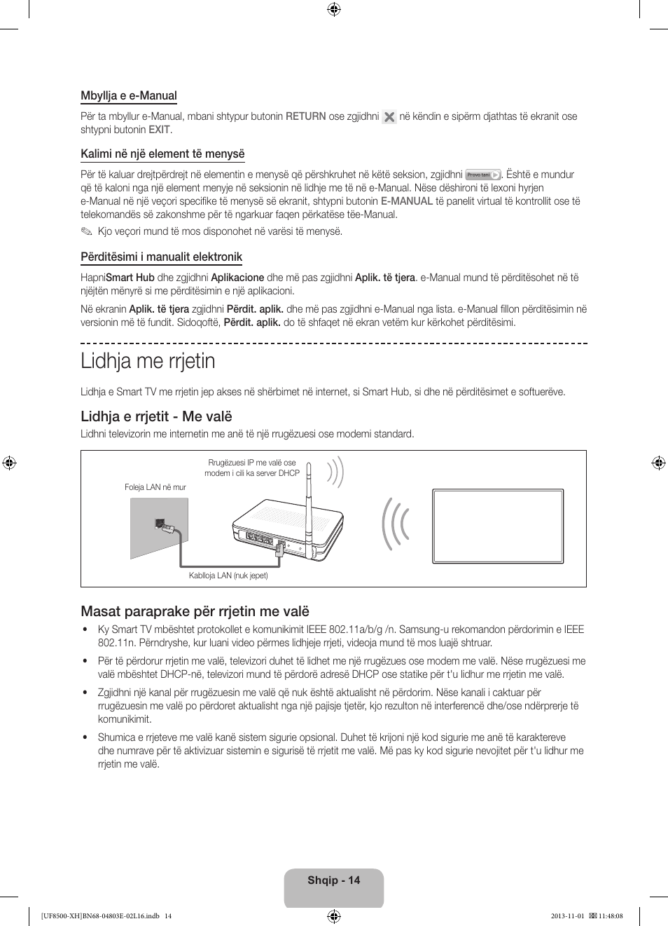 Lidhja me rrjetin, Lidhja e rrjetit - me valë, Masat paraprake për rrjetin me valë | Samsung UE46F8500SL User Manual | Page 254 / 385