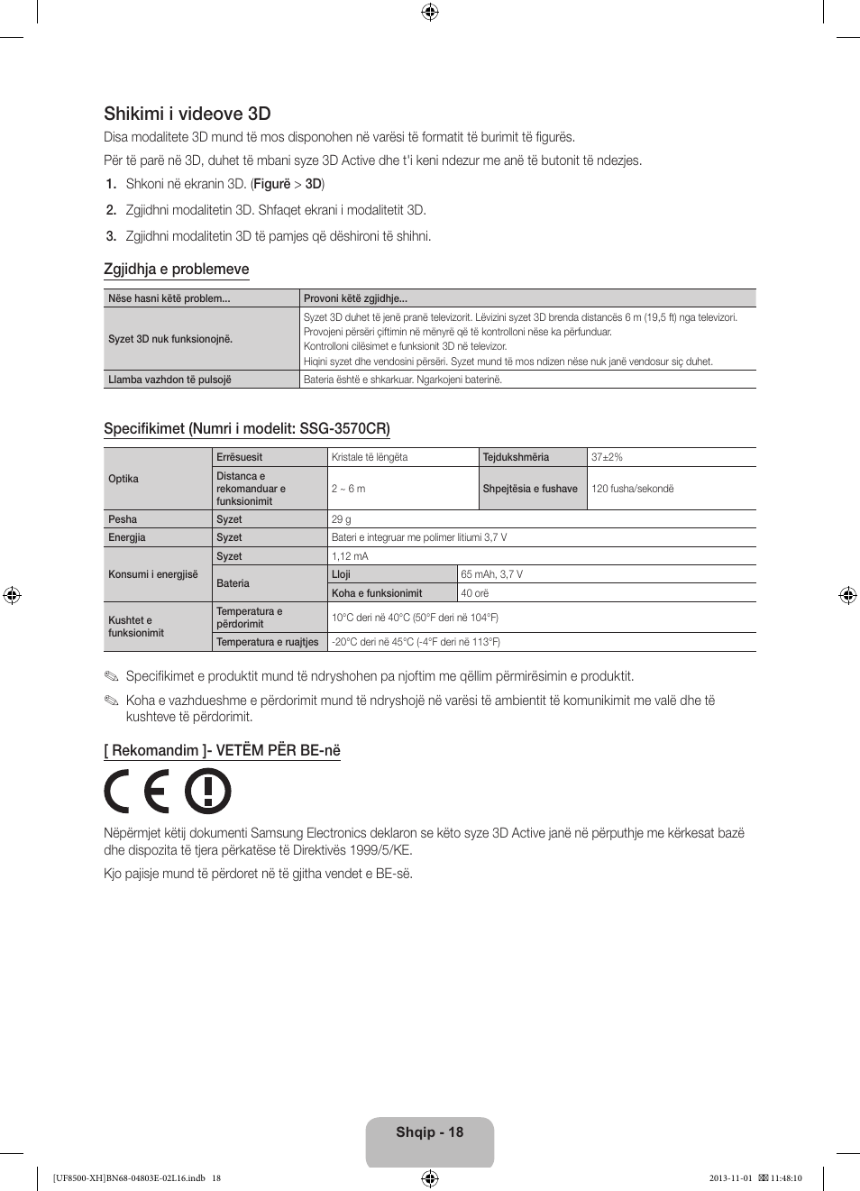 Shikimi i videove 3d, Zgjidhja e problemeve, Specifikimet (numri i modelit: ssg-3570cr) | Rekomandim ]- vetëm për be-në | Samsung UE46F8500SL User Manual | Page 258 / 385