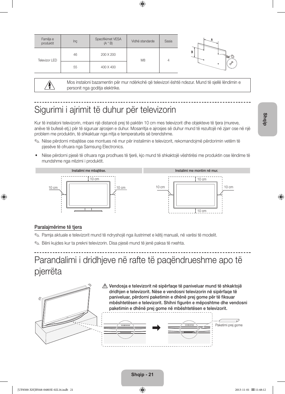 Sigurimi i ajrimit të duhur për televizorin | Samsung UE46F8500SL User Manual | Page 261 / 385
