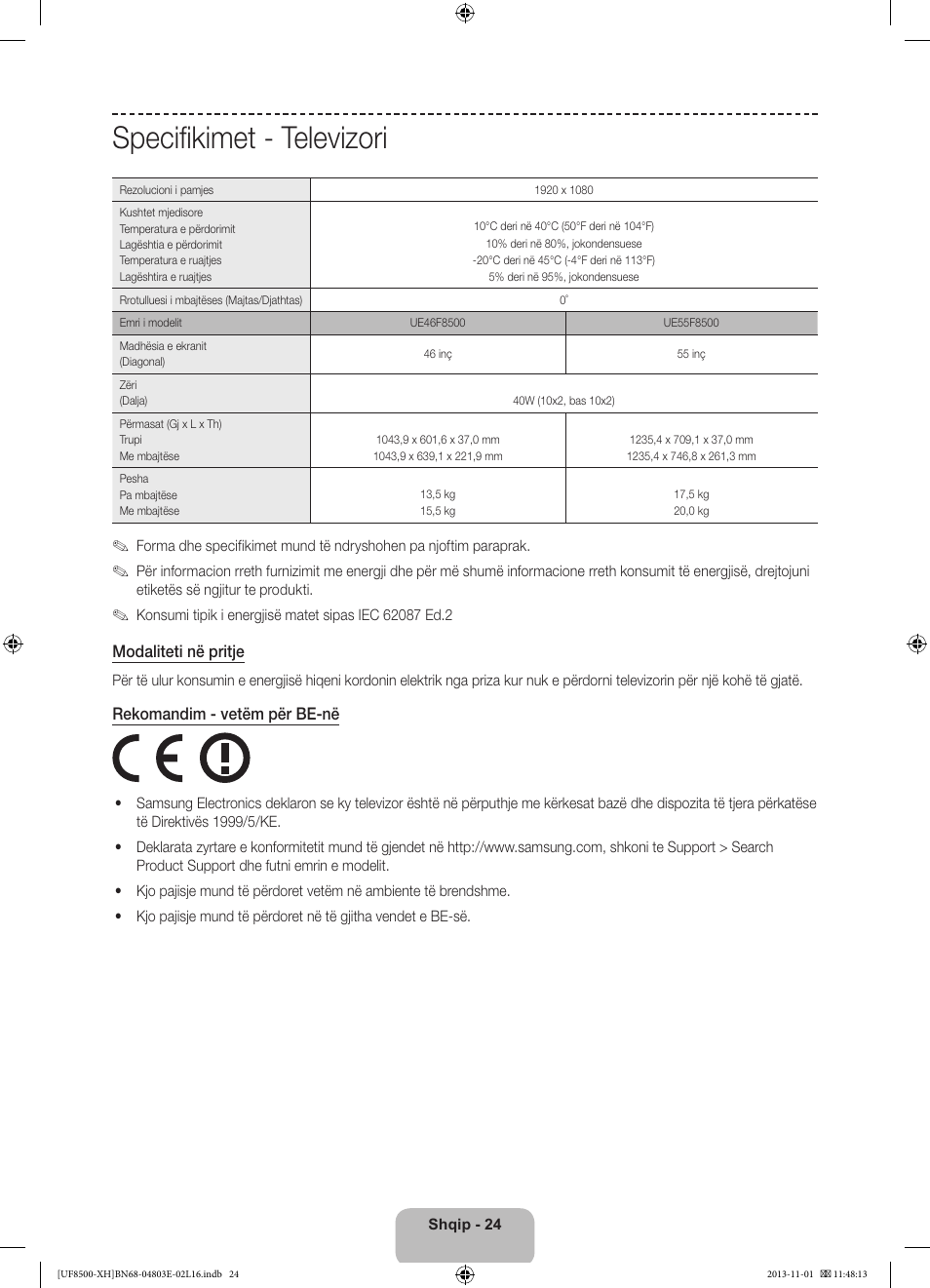 Specifikimet - televizori | Samsung UE46F8500SL User Manual | Page 264 / 385