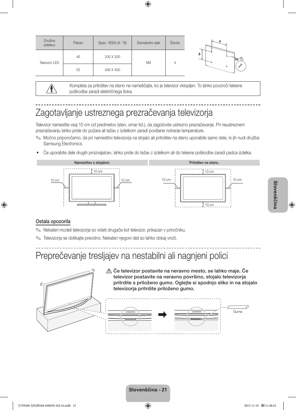 Zagotavljanje ustreznega prezračevanja televizorja | Samsung UE46F8500SL User Manual | Page 309 / 385