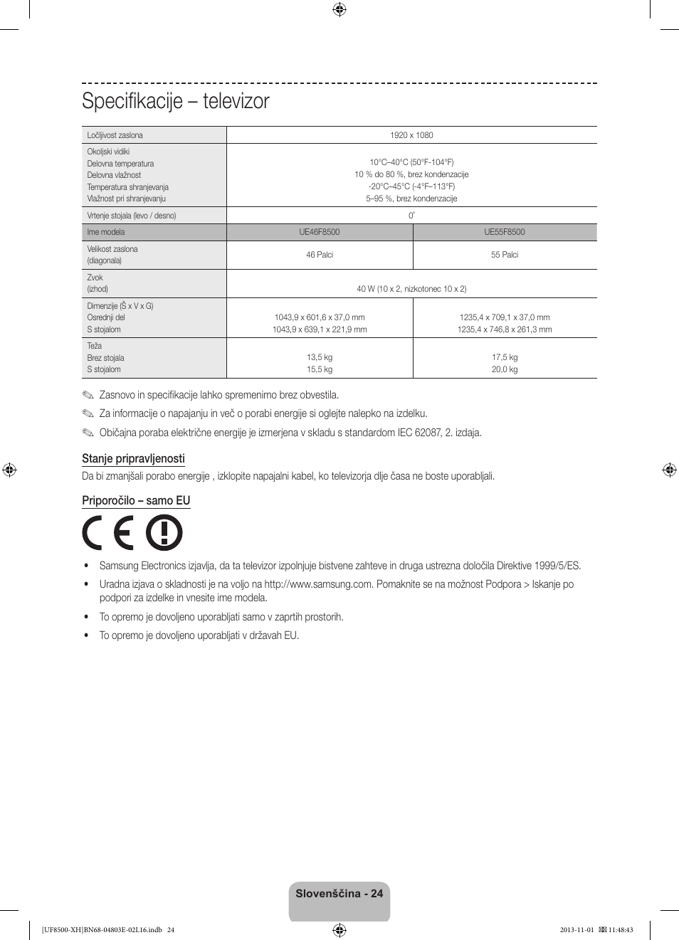 Specifikacije – televizor | Samsung UE46F8500SL User Manual | Page 312 / 385