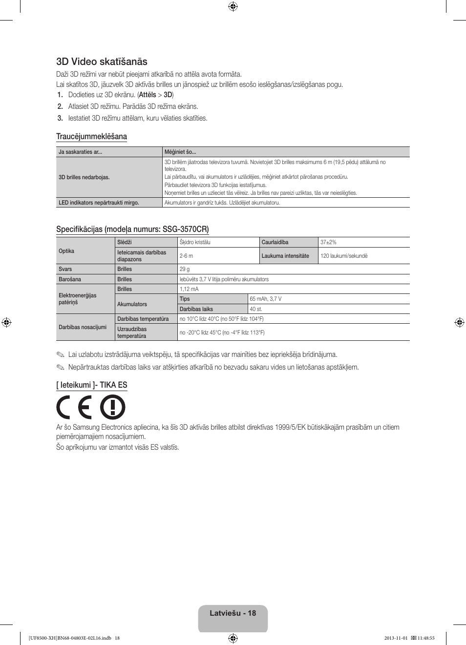 3d video skatīšanās, Traucējummeklēšana, Specifikācijas (modeļa numurs: ssg-3570cr) | Ieteikumi ]- tika es | Samsung UE46F8500SL User Manual | Page 330 / 385