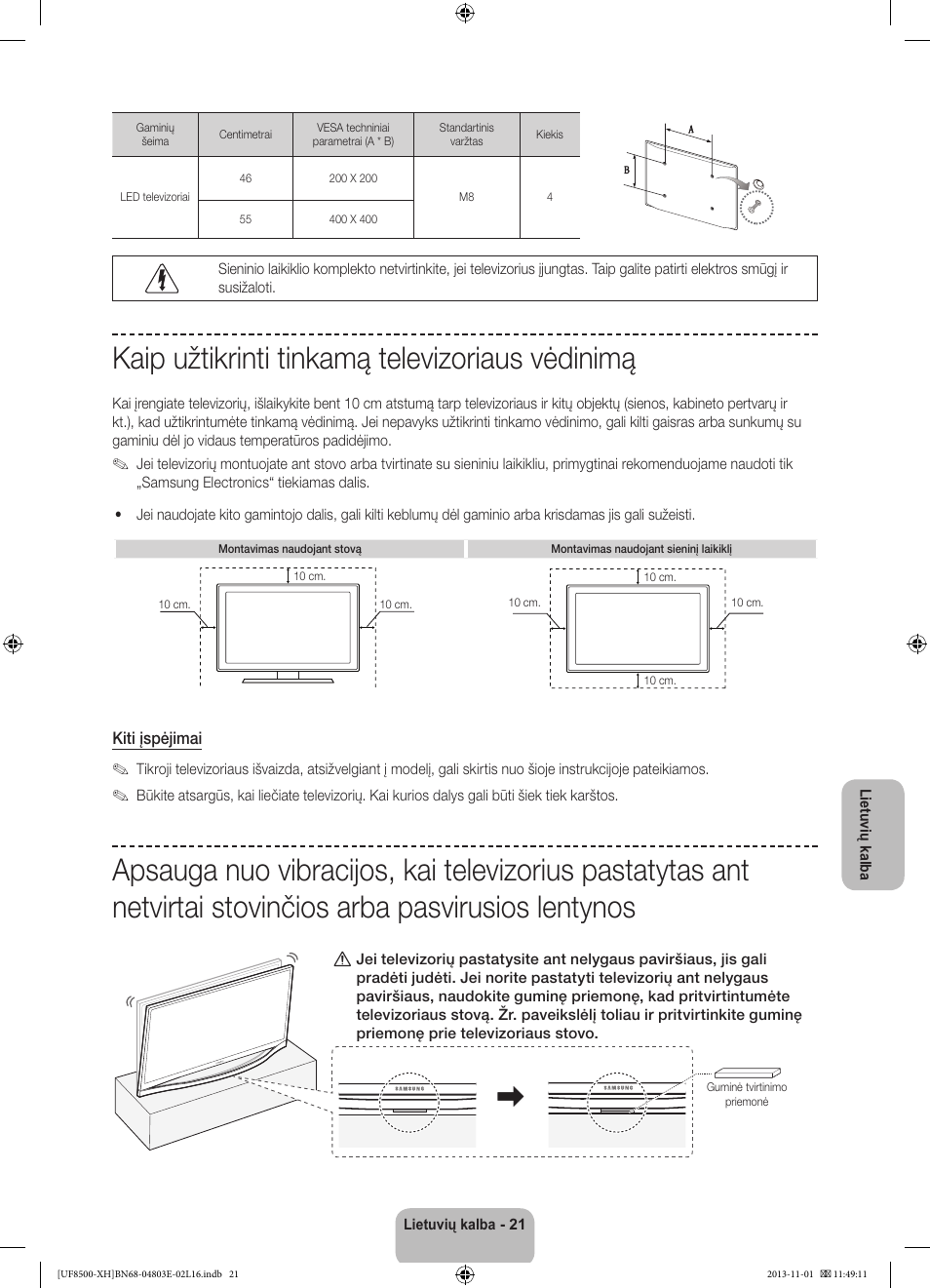 Kaip užtikrinti tinkamą televizoriaus vėdinimą | Samsung UE46F8500SL User Manual | Page 357 / 385