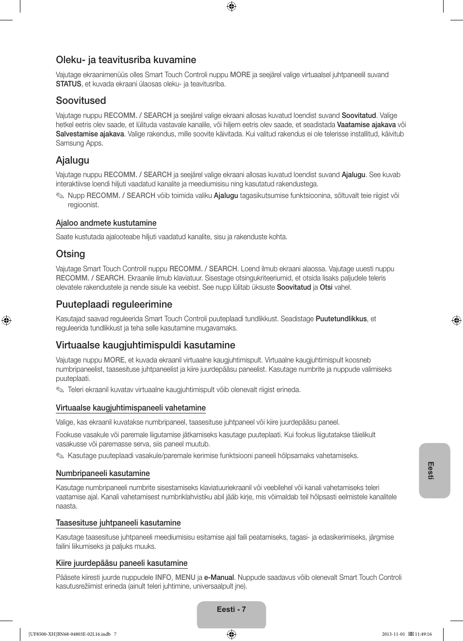 Oleku- ja teavitusriba kuvamine, Soovitused, Ajalugu | Otsing, Puuteplaadi reguleerimine, Virtuaalse kaugjuhtimispuldi kasutamine | Samsung UE46F8500SL User Manual | Page 367 / 385