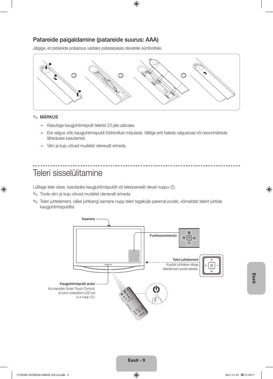 Teleri sisselülitamine, Patareide paigaldamine (patareide suurus: aaa) | Samsung UE46F8500SL User Manual | Page 369 / 385