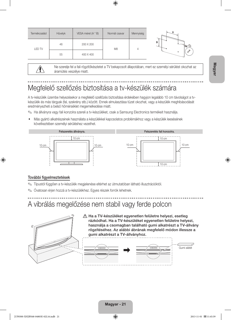 A vibrálás megelőzése nem stabil vagy ferde polcon | Samsung UE46F8500SL User Manual | Page 45 / 385