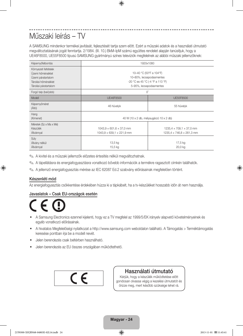 Műszaki leírás – tv, Használati útmutató | Samsung UE46F8500SL User Manual | Page 48 / 385