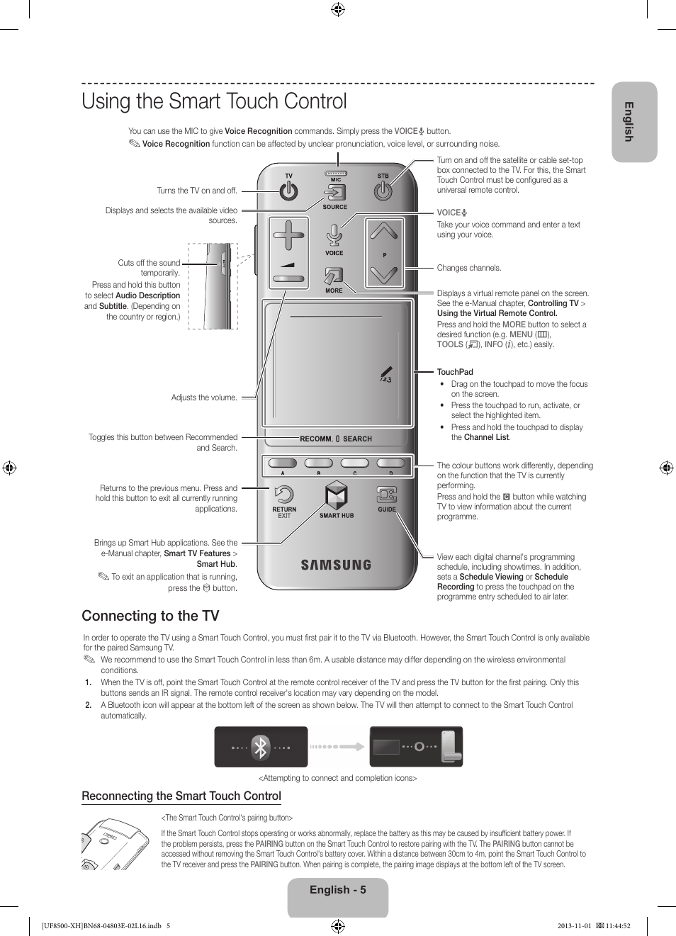 Using the smart touch control, Connecting to the tv, Reconnecting the smart touch control | Samsung UE46F8500SL User Manual | Page 5 / 385