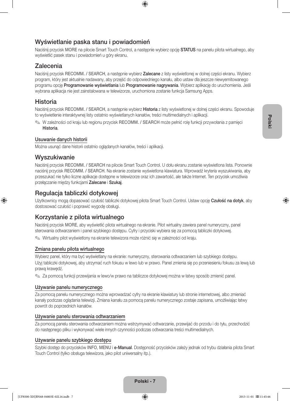 Wyświetlanie paska stanu i powiadomień, Zalecenia, Historia | Wyszukiwanie, Regulacja tabliczki dotykowej, Korzystanie z pilota wirtualnego | Samsung UE46F8500SL User Manual | Page 55 / 385