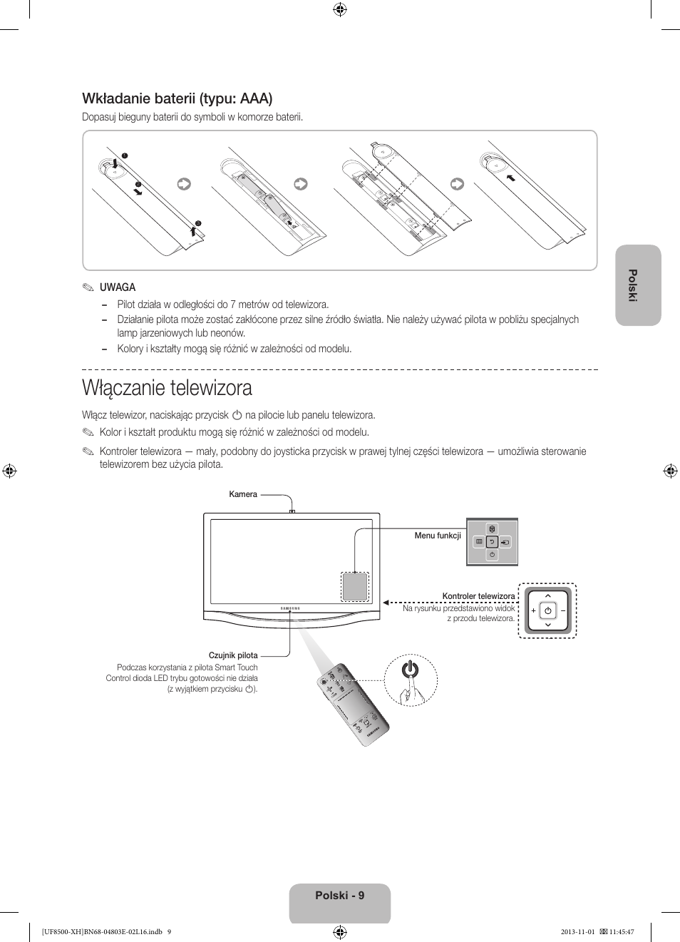 Włączanie telewizora, Wkładanie baterii (typu: aaa) | Samsung UE46F8500SL User Manual | Page 57 / 385