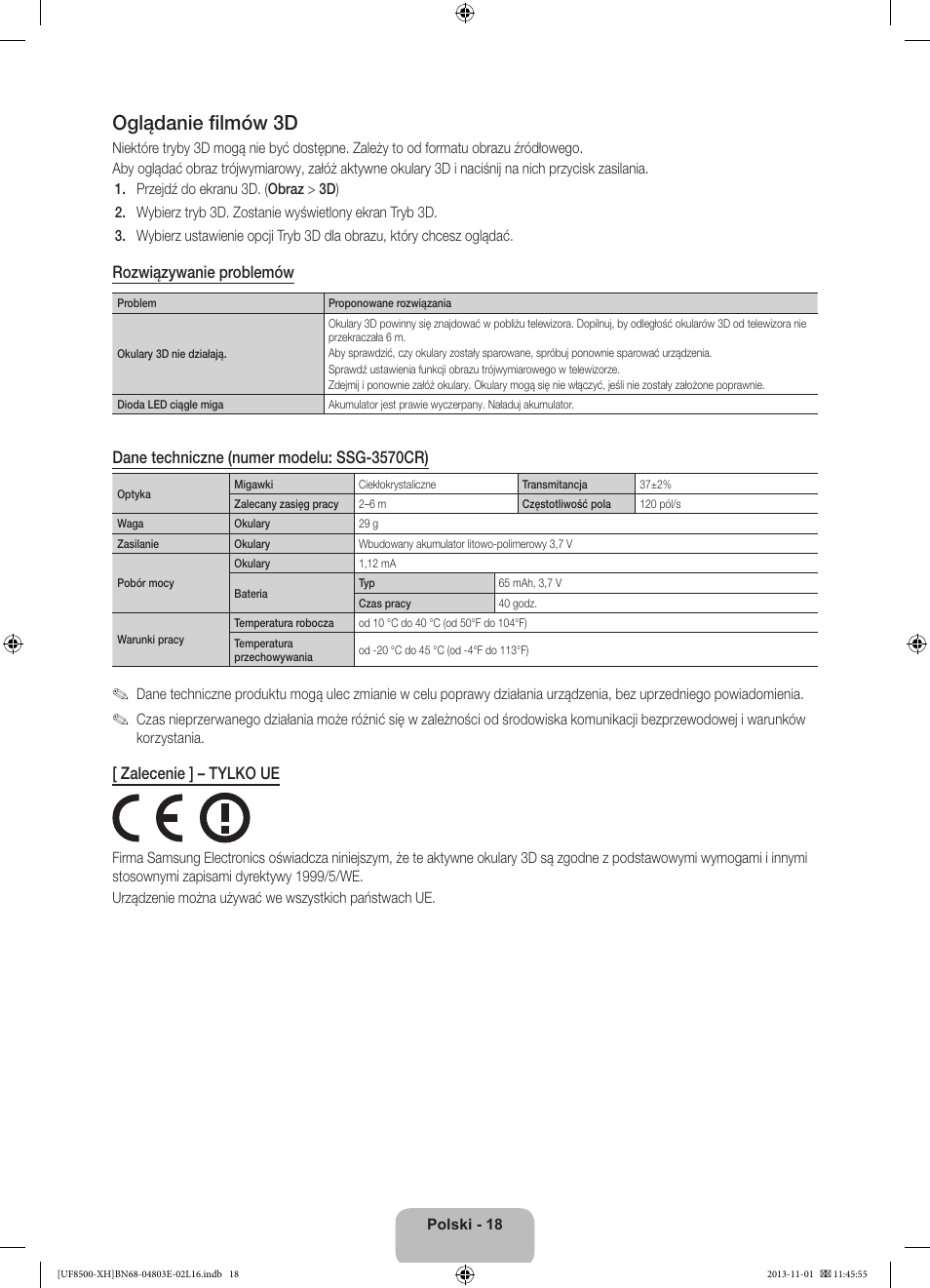 Oglądanie filmów 3d, Rozwiązywanie problemów, Dane techniczne (numer modelu: ssg-3570cr) | Zalecenie ] – tylko ue | Samsung UE46F8500SL User Manual | Page 66 / 385