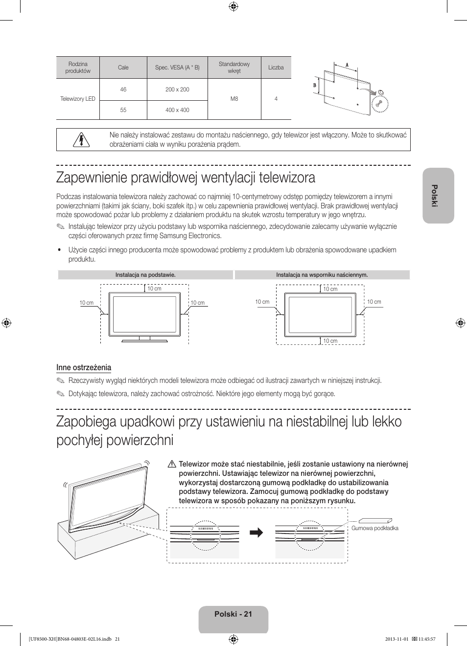 Zapewnienie prawidłowej wentylacji telewizora | Samsung UE46F8500SL User Manual | Page 69 / 385