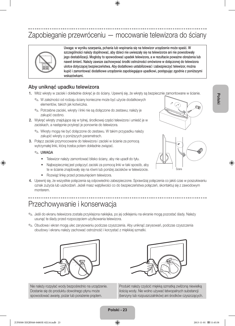 Przechowywanie i konserwacja, Aby uniknąć upadku telewizora | Samsung UE46F8500SL User Manual | Page 71 / 385