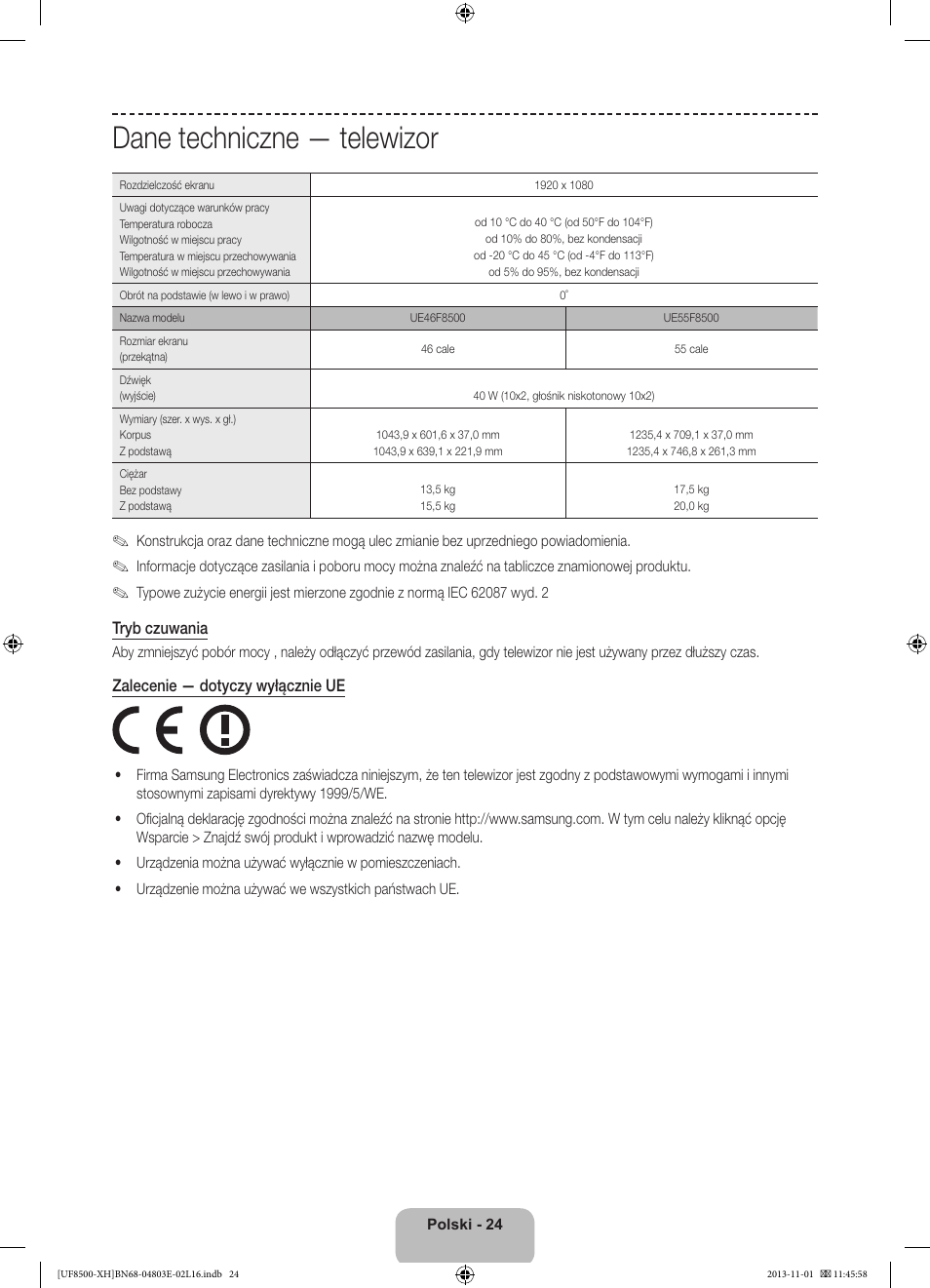 Dane techniczne — telewizor | Samsung UE46F8500SL User Manual | Page 72 / 385